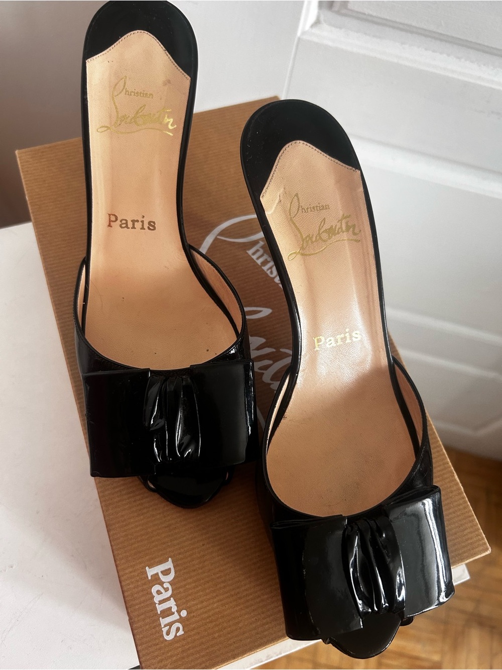 Christian Louboutin Joli Noeud 70 Black Patent Slingback Heels 38.5